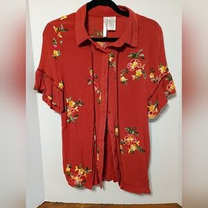 Embroidered Button-Down Shirt - Rust Floral